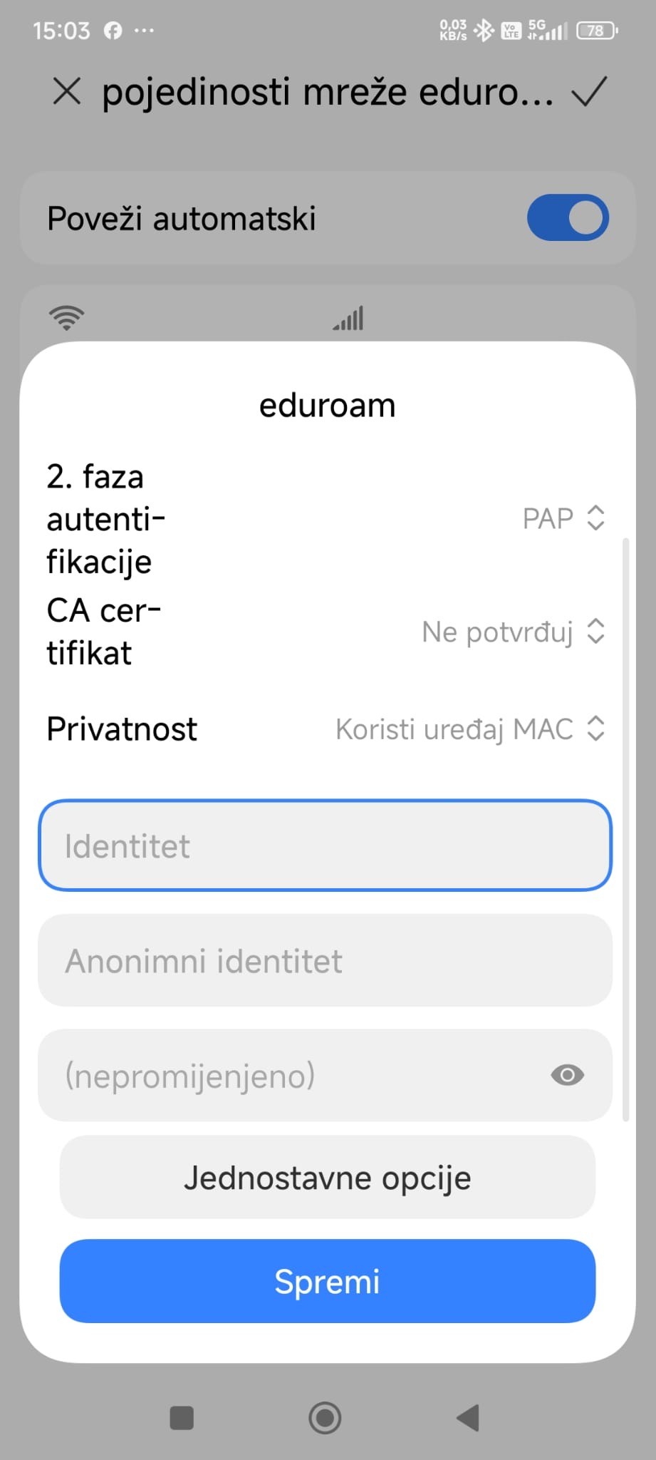 Android eduroam – unos AAI korisničkog imena i lozinke
